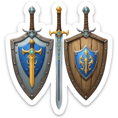  two sword cross, next to or in front of a shield, world of war craft style, elven flare sticker