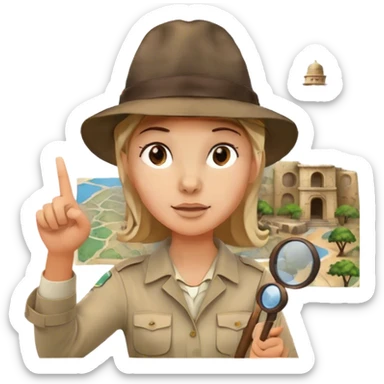 Icon for Documentary Film (TV style): A traveler pointing backward and narrating in front of ancient ruins. Include elements like historical landmarks, maps, and exploration tools to evoke a sense of adventure. Transparent background. sticker