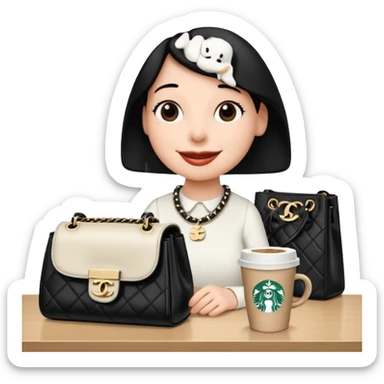 snoopy in a desk with starbucks and his chanel purse sticker