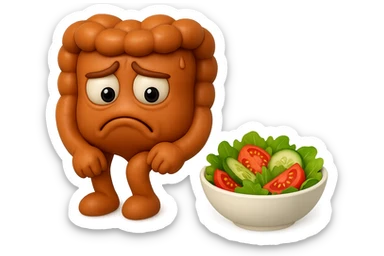 EMOJI STILE IPHONE DI UN INTESTINO UMANO ANATOMICO CHE GUARDA UN INSALATA CON ESPRESSIONE TRISTE E RASSEGNATA IN VOLTO: SOFFRE LA FAME PERCHé è A DIETA, FAGLI ANCHE LA PARTE BIANCA DEGLI OCCHI, NON SOLO LE PUPILLE, IPERREALISTICO 4K sticker