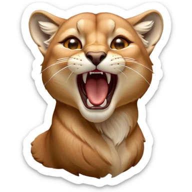 Cinematic Cute Yawning Cougar Portrait Emoji, Head tilted slightly with a dramatic, wide-open yawn, showcasing a soft, sleek tawny Fur with gently drooping ears, round amber eyes barely open in drowsy contentment, Simplified yet irresistibly adorable features, highly detailed, glowing with a soft, cozy glow, high shine, relaxed yet expressive, stylized with a touch of wild whimsy, bright and endearing, soft glowing outline, capturing the essence of a sleepy yet affectionate cougar, so drowsy it feels like it could stretch out of the screen and curl up for a nap! sticker