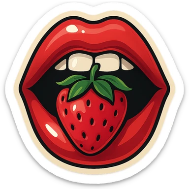 Create a retro sticker style image of glossy red lips holding a strawberry in the mouth, viewed straight on (not at an angle). The lips and strawberry should face directly forward with bold outlines, juicy colors, expressive shadows and highlights. The style should be clean, playful, and bold with no drips or liquid effects. sticker