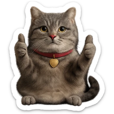 Make this British Shorthair cat giving a thumbs up look more realistic, keep the pose and cheerful expression, no background, photorealistic style. sticker