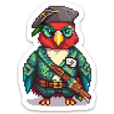 a classic pirate with a green parrot, pixel art style sticker