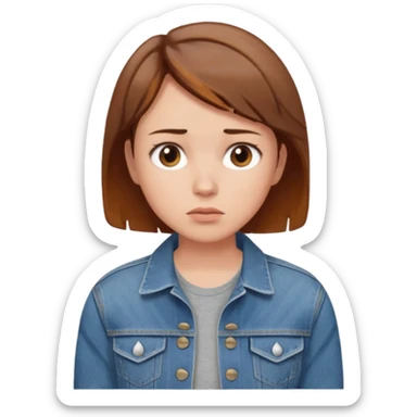 a woman with a brown short hair, looking at the left, worried, wearing a denim jacket, only upper body, high quality sticker