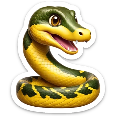 Cinematic Comical Anaconda Portrait Emoji, Head tilted dramatically with an exaggeratedly shocked expression, featuring a robust, patterned body with wide, comically expressive eyes full of humorous disbelief, Simplified yet hilariously expressive features, highly detailed, glowing with a slightly sassy jungle glow, high shine, dramatic yet playful, stylized with an air of quirky reptilian attitude, soft glowing outline, capturing the essence of a meme-worthy anaconda that looks ready to side-eye its way into viral fame! sticker