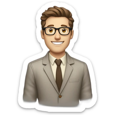 Joyful Pale skinned Fit Man With dark brown hair in gray jacket, beige office shirt, Brown pants and vintage glasses. His thrumbs up sticker