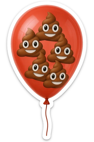 emoji stile iphone di un palloncino rosso pieno di 6 cacche con gli occhi, iperrealistico 4k sticker