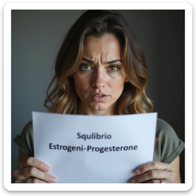 hyperrealistic 4K close-up of a woman with hormonal imbalance looking at a sheet with the text 'Squilibrio Estrogeni-Progesterone', worried expression sticker