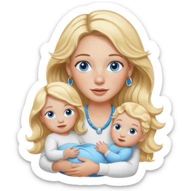 Wavy blonde, white woman with blue eyes, freckles hoop earrings, holding babies sticker