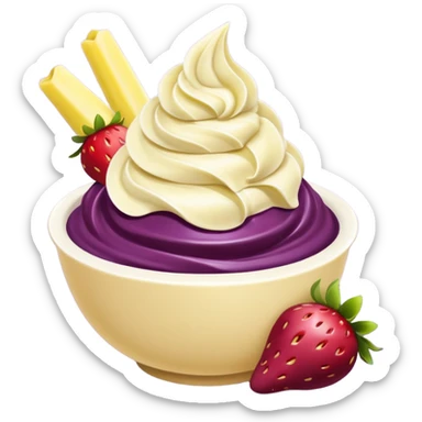 acai purple soft serve in a bowl strawberries and chopped banana sticker
