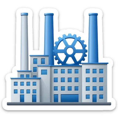 "A minimalist vector icon of a modern manufacturing factory building with a gear symbol above it. Blue and grey color scheme, flat design, white background, simple thick lines, professional business logo style." sticker