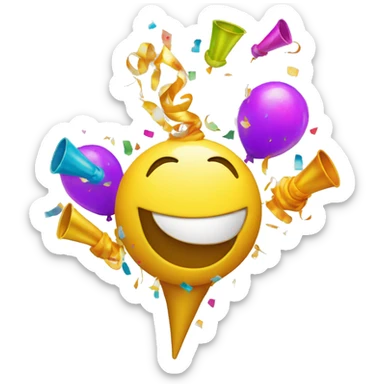 smiley face with dollar sign eyes blowing a party horn with colorful confetti sticker