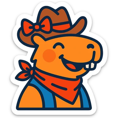 Add a red bow to the capybara wearing a cowboy hat, in a colorful cartoon style, with the same background as the original. sticker