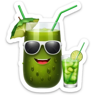 A pickle with sunglasses drinking a green cocktail sticker