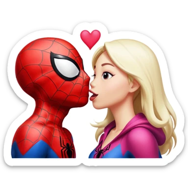 Spiderman and Spider-Gwen kissing, upside down kiss, emoji style sticker