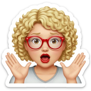Blonde woman with short curly hair, slightly overweight, wearing red-framed glasses, shouting with hands on both sides of her mouth sticker