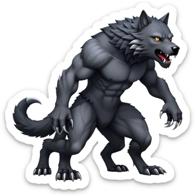 cinematic-noble-fierce-werewolf-full body on all fours-emoji, poised-and-imposing, with a tall, lean, and muscular wolfish frame inspired by the brutal, imposing shape of the beast from Berserk, fur rippling in shades of midnight black and silver, massive paws with razor-sharp claws, elongated limbs and fangs, eyes glowing with an intense, primal ferocity, reflecting the untamed power of the wild moonlit night; rendered with realism sticker