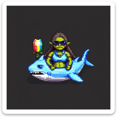 orc female standing in a shark-shaped inflatable floatie, with big sunglasses and a whistle necklace, pixel art style sticker