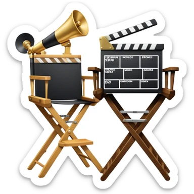Icon for Directing: professional collage with director's chair, a film slate, a megaphone and an Oscar statuette. The icon should represent the creative and leadership aspects of directing, with focus on film and theater production. Transparent background. sticker