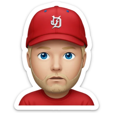Fred Durst red cap back, blonde hair, blue eyes, red shirt  sticker
