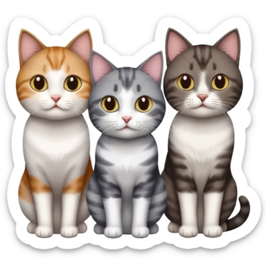 3 different coloured short haired cats including; a dark brown tabby and white cat, and a dark grey and white  sticker
