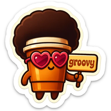 Tall coffee cup, no mouth, afro, heart glasses, holding sign "groovy" sticker