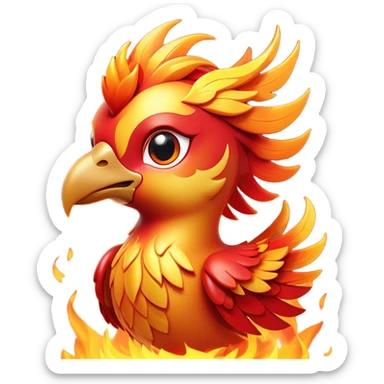 Cinematic Cute fierce & powerful Fire Phoenix Portrait Emoji, Head tilted playfully and inquisitively, showcasing a vibrant, flame-kissed form with intricately detailed feathers in warm shades of red, orange, and shimmering gold, accented by delicate sparks and a gentle, inviting glow; rendered with lifelike detail and soft, radiant light, high shine, enchanting and spirited, styled with a touch of mythic whimsy, soft glowing outline, capturing the essence of a mischievous yet endearing phoenix poised to flutter playfully into your heart! sticker