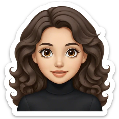 Pretty girl. Very happy. Long, bouncy, Lana del Rey hair. Dark brown hair. Dark brown eyes. Winged eyeliner. Wearing black turtleneck.  sticker