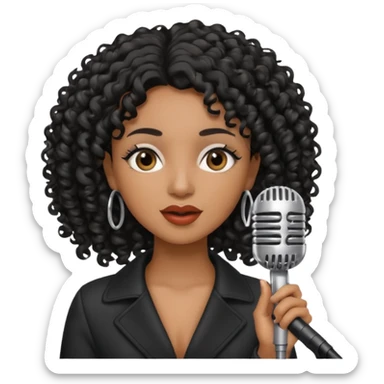 brown skin woman, curly black hair, singer, hold micro sticker