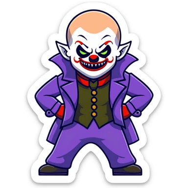 evil clown warrior, bald, small black horns on forehead, fangs, pointed ears, eye patch over one eye, long coat over black and military green leisure suit with bellbottom pants, tail, realistically proportioned, less bulky, full body visible, battle-ready fighting posture sticker