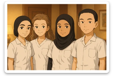 Four nursing students side by side in a warm indoor ambiance, wearing white short-sleeved uniforms with V-neck collars and left chest pockets, with variations of soft lighting, in Ghibli style. sticker