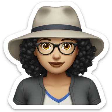 Mom with black curly hair and fair skin and Mets hat with glasses sticker
