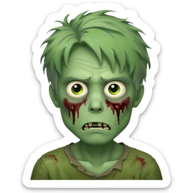 zombie man emoji, green face, center-parted messy hair, tired expression sticker