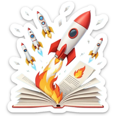 Rocket launching from stack of papers, fire trail, minimal flat design, youtube and instagram sticker