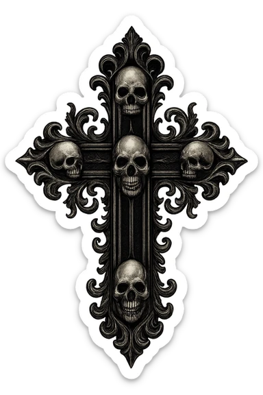 gothic style goth cross with skulls in black and silver sticker