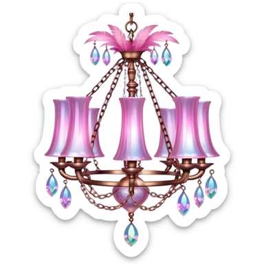 PInk iridescent Bell with chained hanging crystals LAMP with feathers CHANDELIER sticker