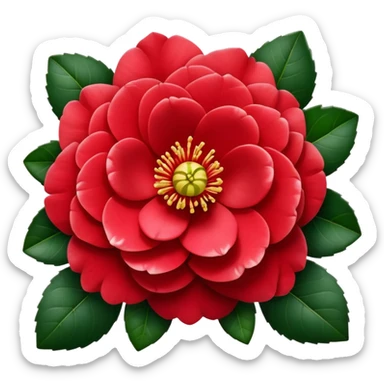 Traditional red camellia japonica (tsubaki) flower with perfectly symmetrical layered petals and glossy dark green leaves sticker