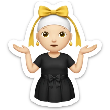 A yellow skinned person who’s bald, medium face size, wide big body, and medium leg sized, and make it cute with a bow on their head, and put black a shirt that says “sing-a-sing-a songa, BONGA BONGA BONGA” and dress don’t dress it up sticker