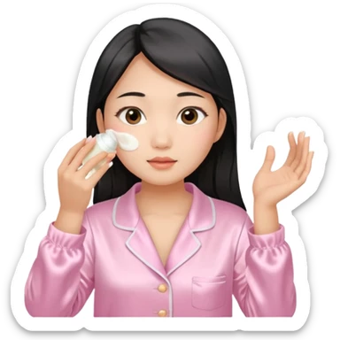 angelic asian girl doing skin care in baby pink pajamas, applying cream to her face sticker