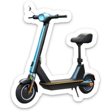 An icon featuring a sleek electric scooter parked on a scenic path. The background showcases a vibrant city park with green trees, flowers, and a clear blue sky. The sun sets in the distance, casting a warm golden glow on the landscape. Transparent background sticker
