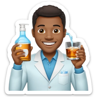 Black man grinning, holding mouthwash and a cup of whiskey, teeth sparkling, black background sticker