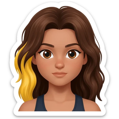 Una chica de piel clara/oscura de ojos marrones pelo castaño ondulado con mechas rubias una en el lado izquierdo debajo de una capa de pelo y la otra detras y tiene un cuerpo de atleta sticker