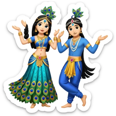 Radha and Krishna emoji, dancing together, Krishna with peacock feather, Radha with long hair sticker