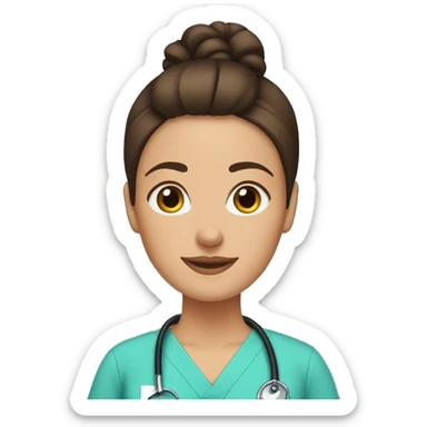 Brunette woman with a top knot wearing scrubs holding a dachshund sticker