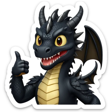 fully black dragon with white background and holding a talon up as a thumbs up…. Smiling at the screen close up. sticker