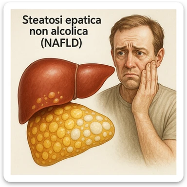 realistic illustration of a stylized liver with fat accumulation in yellow and white areas, next to a person with worried expression, Italian text 'Steatosi epatica non alcolica (NAFLD)', 4K quality sticker