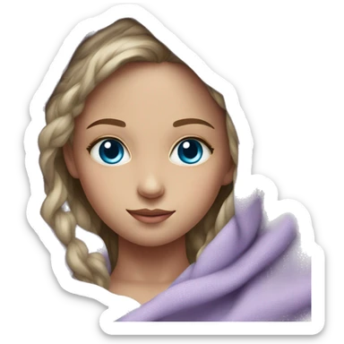 Realistic lilac blanket wrapped around young girl with blue eyes sticker