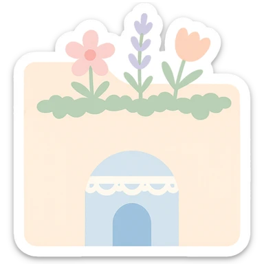 Cottagecore File Explorer icon: folder with a blue archway at the bottom, decorated with wildflowers, moss, and lace, cozy natural style, no text sticker