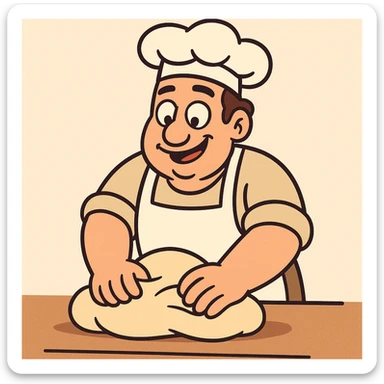 baker kneading dough, wearing baker's hat and apron, bright and friendly style sticker